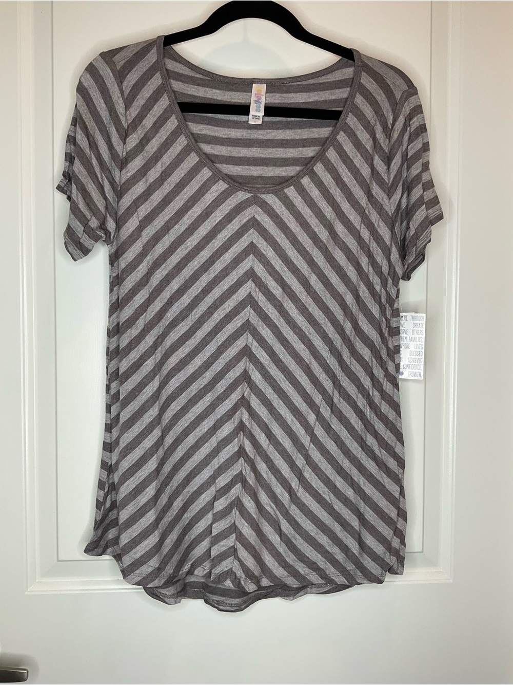 LuLaRoe Classic Gray Striped Scoop Neck Short Sleeve Top L